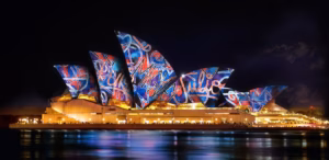 The sydney opera house at night.