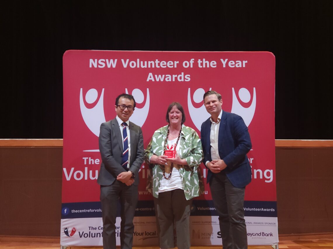 Pictured: Ku-ring-gai Councillor Sam Ngai, Margaret McClintock, and Member for Davidson Matt Cross