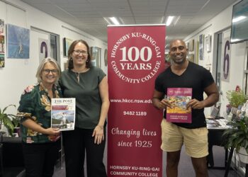 Image of 3 people with one holding the latest course guide. The three people in the image are (L to R) Nerys Thompson, Inga Rosenberg, Jay Reddy