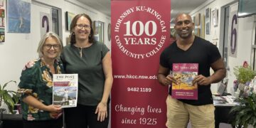 Image of 3 people with one holding the latest course guide. The three people in the image are (L to R) Nerys Thompson, Inga Rosenberg, Jay Reddy