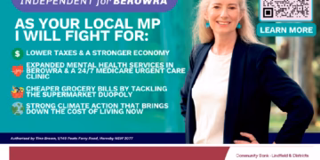 Front Cover of Edition 66, April 2025. Shows advertisements for Tina Brown, Independent Candidate for Berowra, Bendigo Bank - Lindfield and Districts, and Withams Coffee