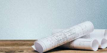 Architectural plans on a wooden table.