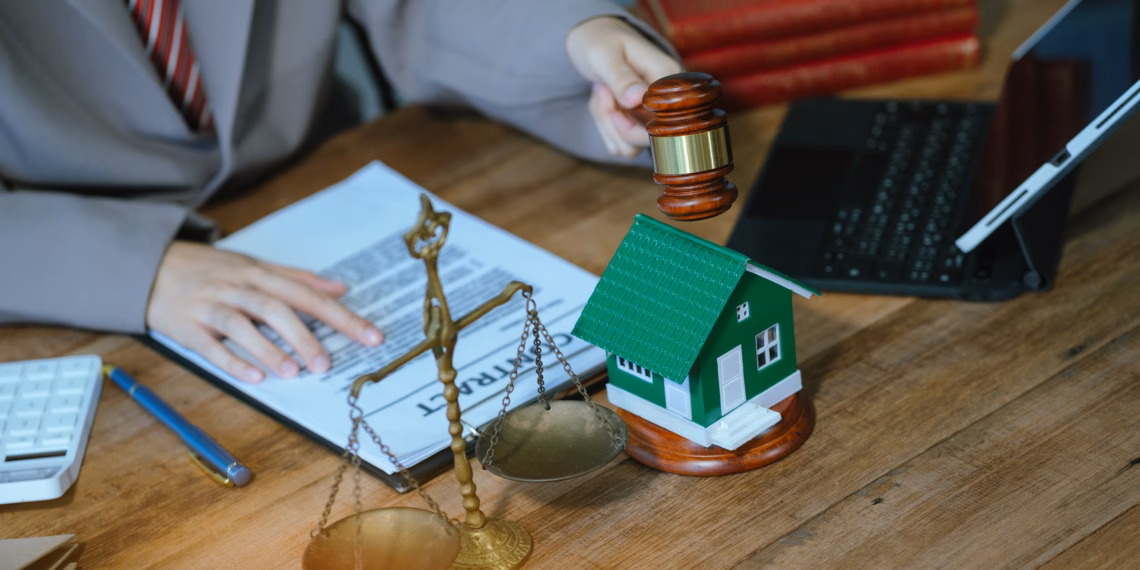 A judge's gavel is holding a house model and scales of justice on a wooden table.
