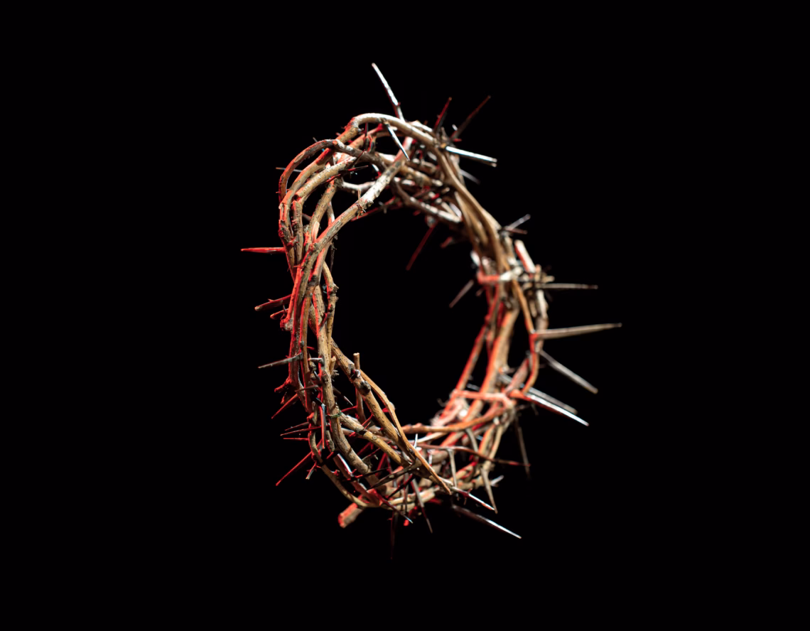 A crown of thorns is shown on a black background.
