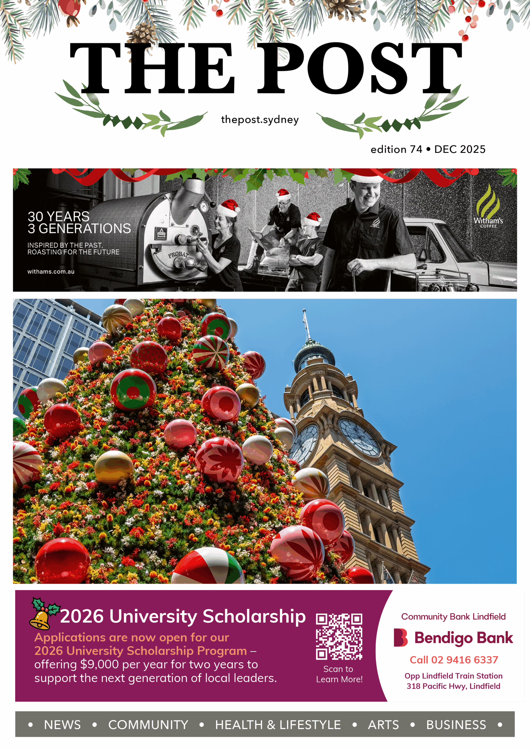 The front Cover of Edition 74 of The Post. Featuring Ads for Witham's Coffee and Community Bank Lindfield Bendigo Bank. With an image showing the Christmas Tree outside Sydney Town Hall.