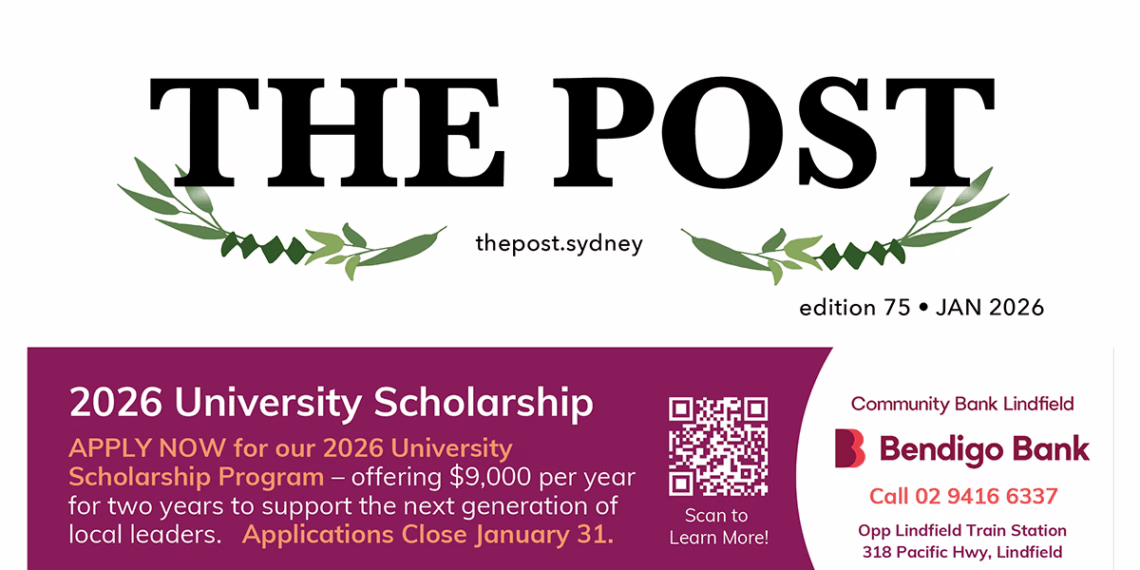 Masthead for "The Post" (thepost.sydney), Edition 75, January 2026, featuring a decorative green leaf flourish. Below the masthead is a promotional banner for the Community Bank Lindfield Bendigo Bank 2026 University Scholarship Program, offering $9,000 per year for two years.