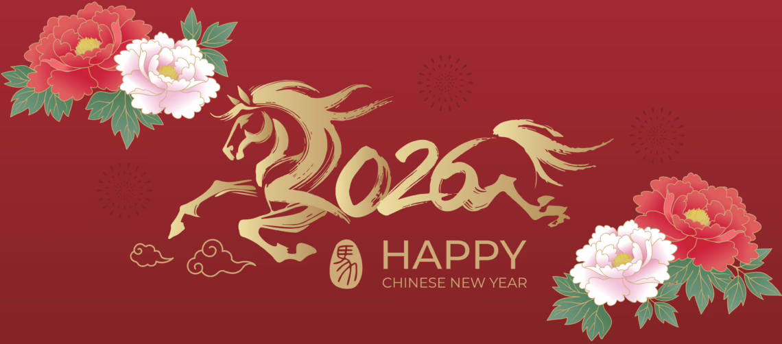 A festive red banner featuring a stylized golden horse in motion surrounded by pink and red peonies, with text reading "2026 Happy Chinese New Year".
