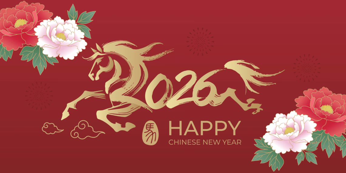A festive red banner featuring a stylized golden horse in motion surrounded by pink and red peonies, with text reading "2026 Happy Chinese New Year".