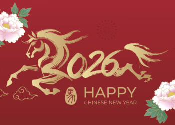A festive red banner featuring a stylized golden horse in motion surrounded by pink and red peonies, with text reading "2026 Happy Chinese New Year".
