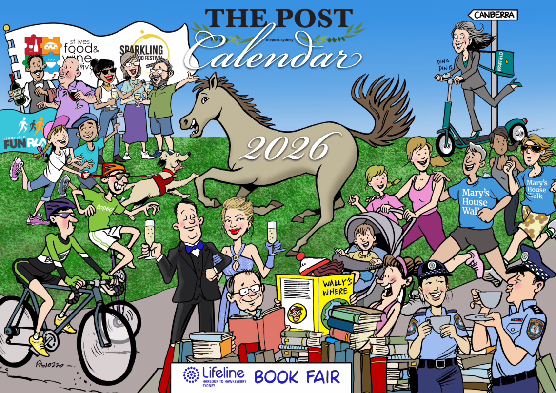A vibrant cartoon illustration serving as the cover for The Post's 2026 Calendar. It features a large horse, cyclists, police officers, and community members celebrating local events like the Lifeline Book Fair, Lindfield Fun Run, and food festivals.