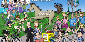 A vibrant cartoon illustration serving as the cover for The Post's 2026 Calendar. It features a large horse, cyclists, police officers, and community members celebrating local events like the Lifeline Book Fair, Lindfield Fun Run, and food festivals.