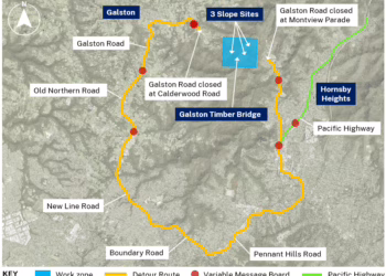 A map detailing the Galston Road closure and detour route. It highlights the work zone at the Galston Timber Bridge and outlines the alternative route via Old Northern Road, New Line Road, Boundary Road, Pennant Hills Road, and the Pacific Highway.