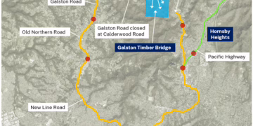 A map detailing the Galston Road closure and detour route. It highlights the work zone at the Galston Timber Bridge and outlines the alternative route via Old Northern Road, New Line Road, Boundary Road, Pennant Hills Road, and the Pacific Highway.
