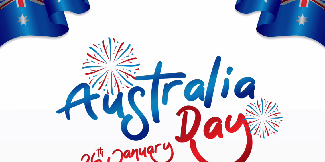 A festive graphic featuring Australian flags waving in the corners, red and blue fireworks, and stylized text reading "Australia Day 26th January".