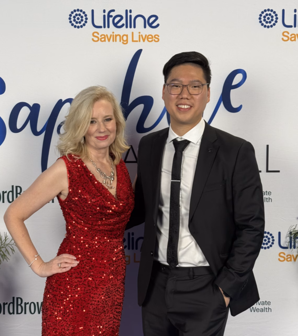 Tina Brown with friend Allan Shi at the Lifeline Harbour to Hawkesbury Sydney Gala Ball Saturday 29 August 2026.